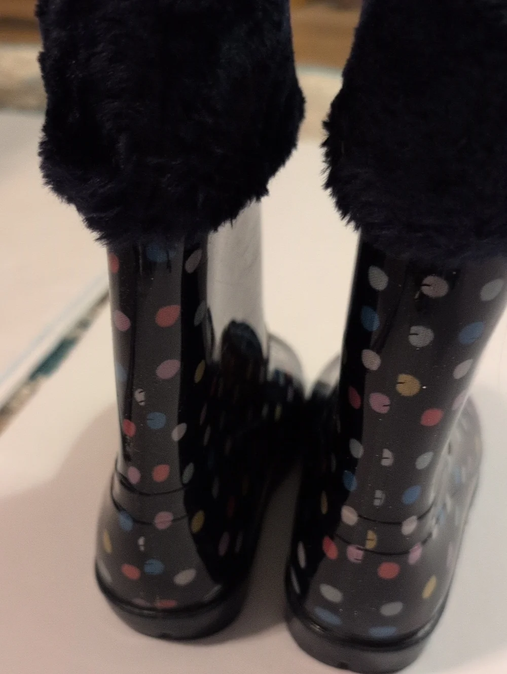 Carter's Black Polka Dot Rain & Snow Boots with Faux Fur Cuff Sz 11